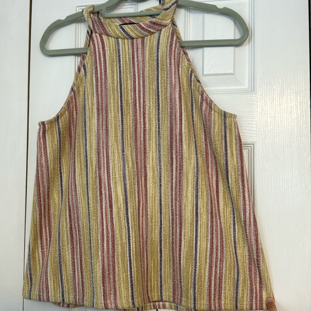 High neck button-back striped top